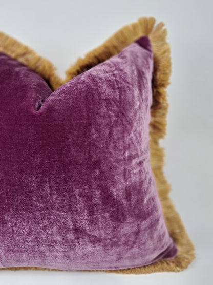 Velvet Pillow Cover, Silk Velvet Cushion, Plum Purple with Gold Fringe Trim