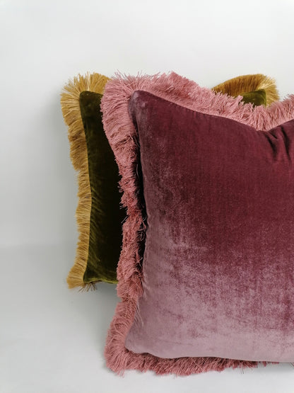 Berry Pink Silk Velvet Cushion Cover with Dusty Pink Fringe Trim
