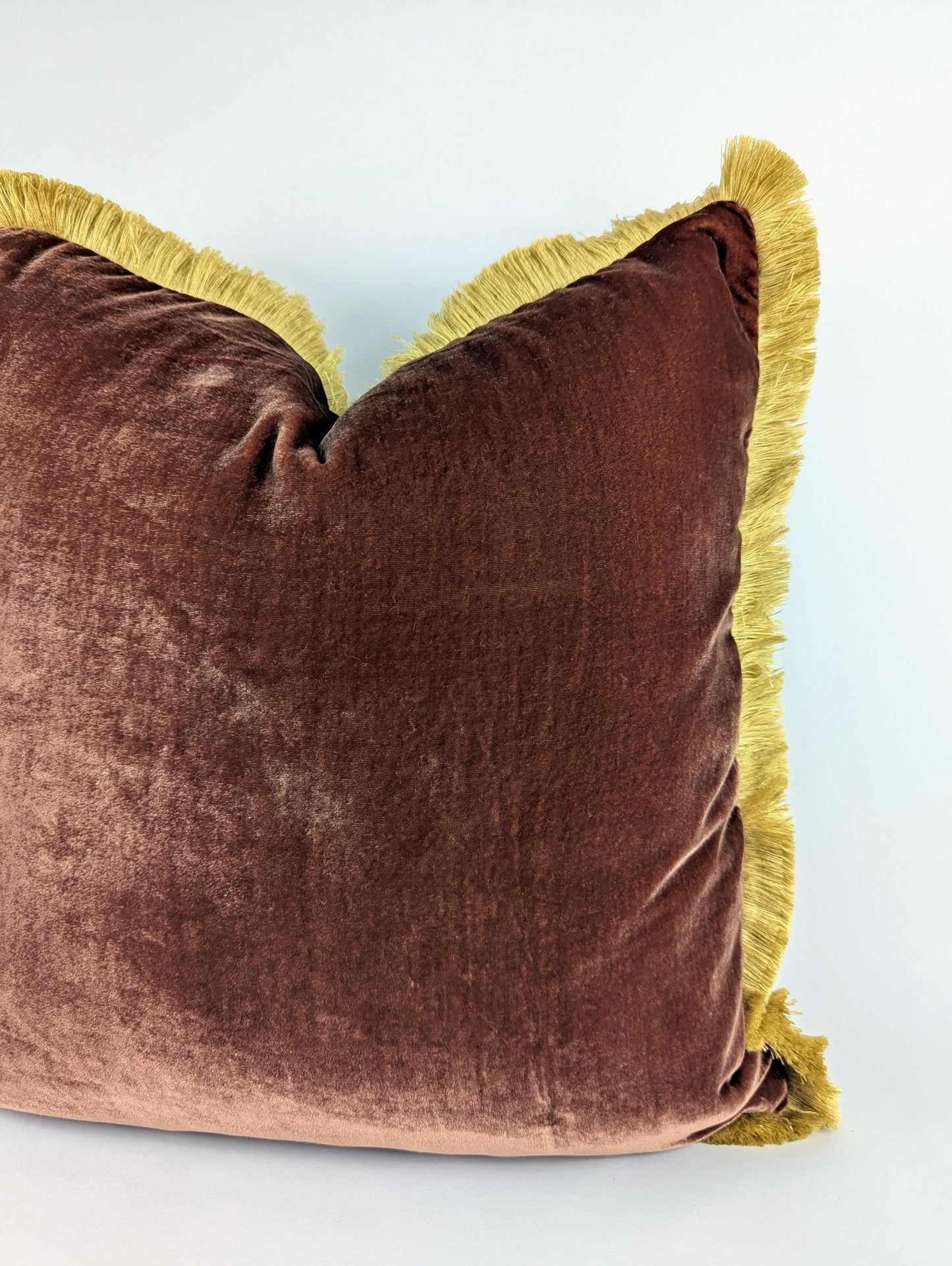 Velvet throw Pillow, Silk Velvet Cushion, Chocolate Brown with Beige Fringe Trim