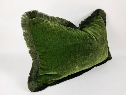 Moss Green Silk Velvet Fringe Pillow Cover, Luxurious Throw Cushion