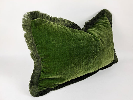 Moss Green Silk Velvet Fringe Pillow Cover, Luxurious Throw Cushion