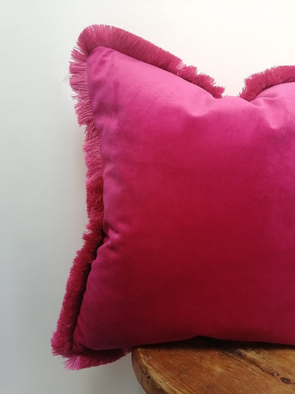 Hot Pink Silk Velvet Fringe Pillow Cover – Luxurious Throw Cushion