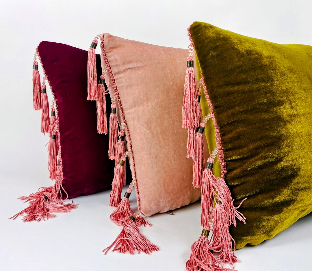 Sea Blue Silk Velvet Pillow Covers - Blue and Brown Tassel Cushion - Blue Velvet Pillow