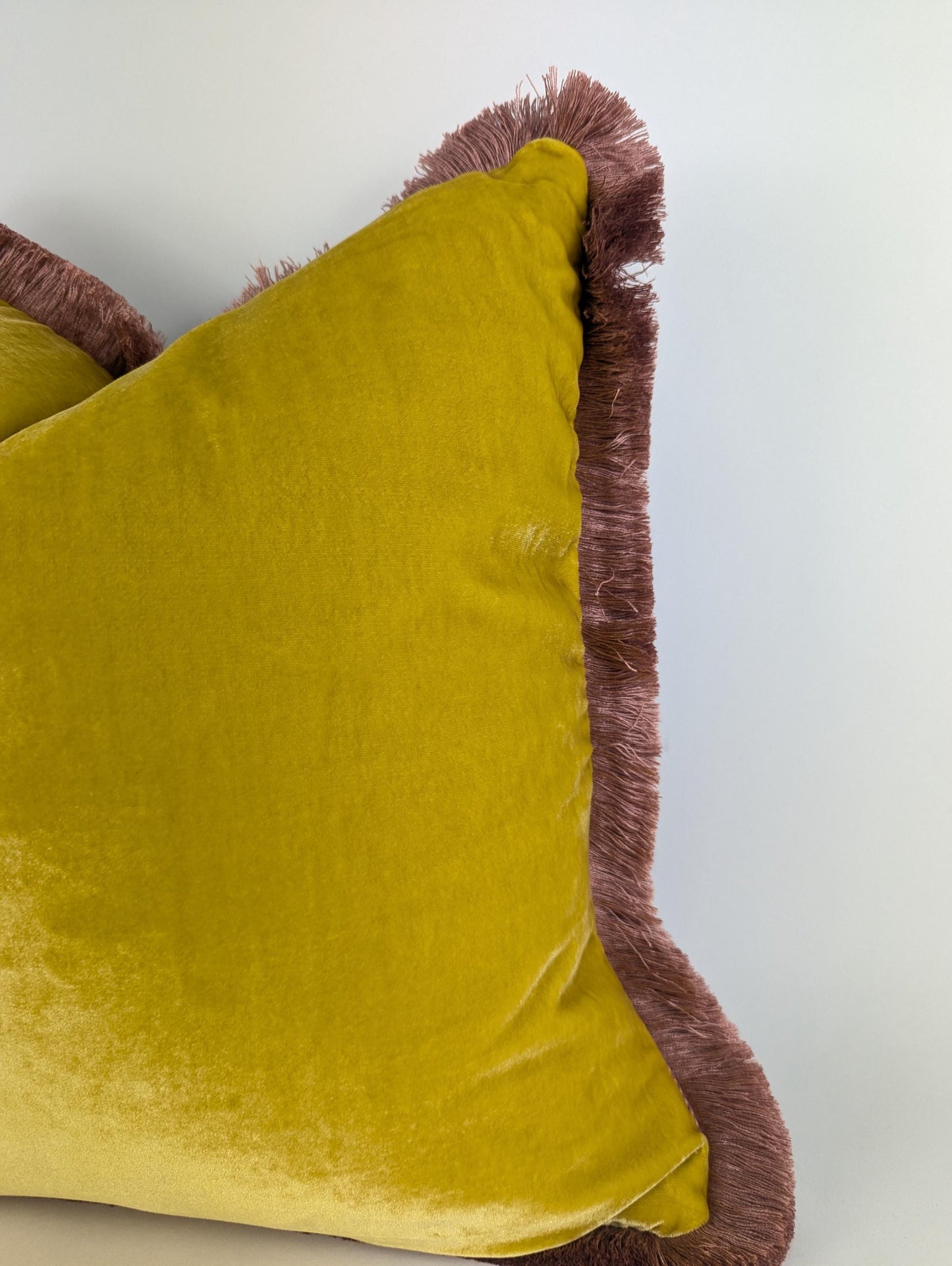 velvet Throw Pillow, Silk Velvet Cushion, Spring Yellow with Dusty Pink Fringe Trim