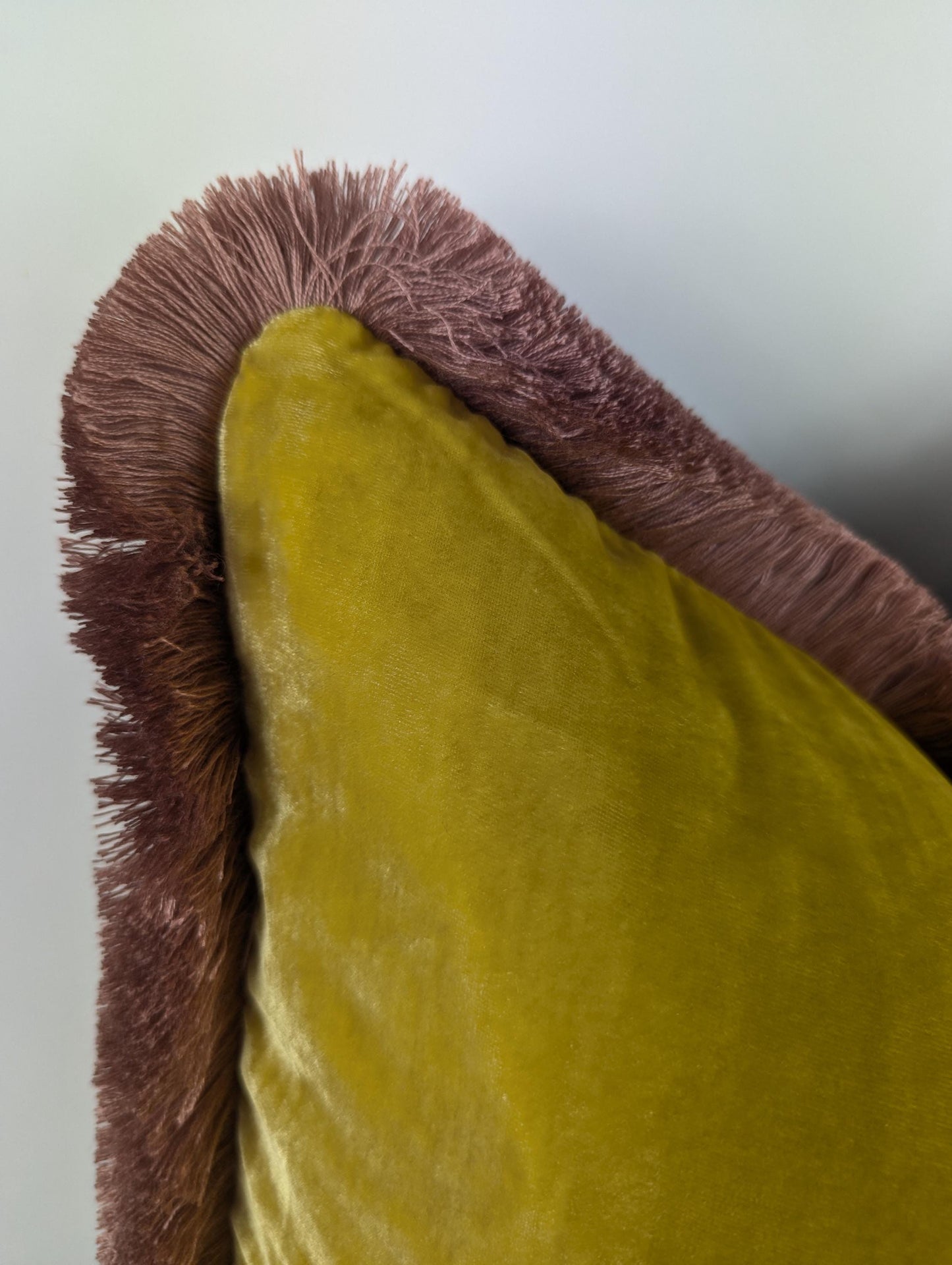 velvet Throw Pillow, Silk Velvet Cushion, Spring Yellow with Dusty Pink Fringe Trim