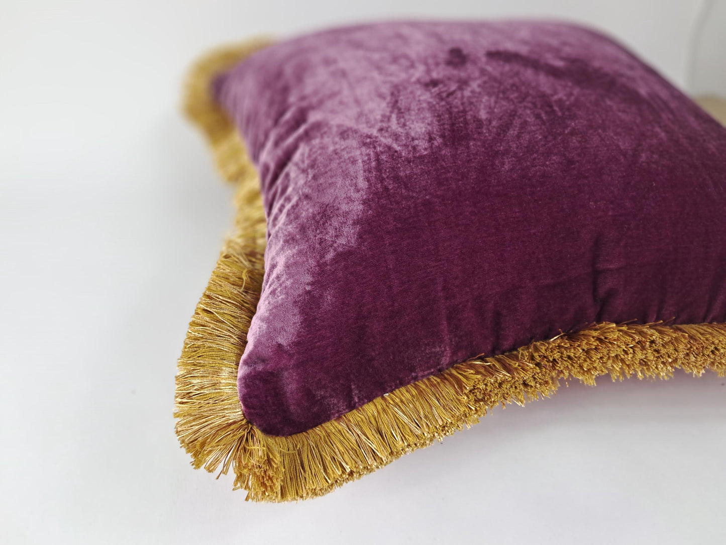 Velvet Pillow Cover, Silk Velvet Cushion, Plum Purple with Gold Fringe Trim