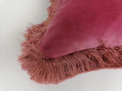 Berry Pink Silk Velvet Cushion Cover with Dusty Pink Fringe Trim
