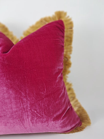 Velvet Throw Pillow, Silk Velvet Cushion, Cerise Pink with Gold Fringe Trim