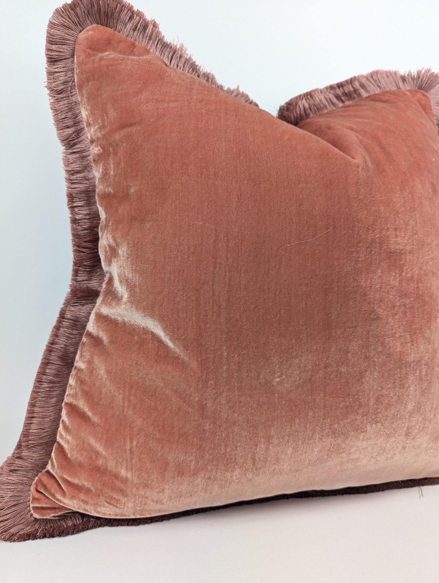 Velvet Throw Pillow Covers, Velvet Cushion, Coral with Fringe Trim