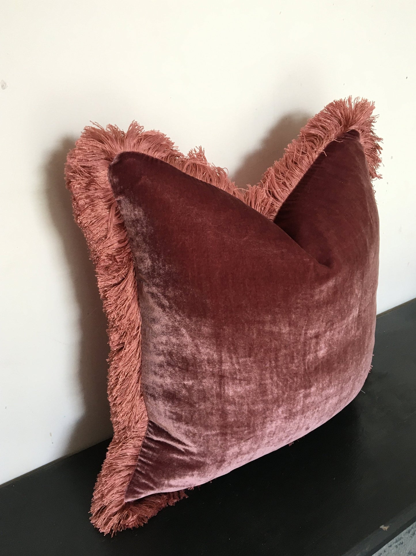 Berry Pink Silk Velvet Fringe Pillow Cover, Dusty Pink Trim Cushion
