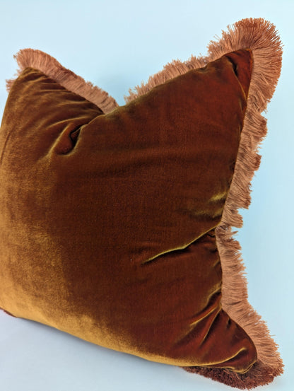 Rusty Silk Velvet Pillow Covers - Orange Fringe Cushion - Living Room Decor