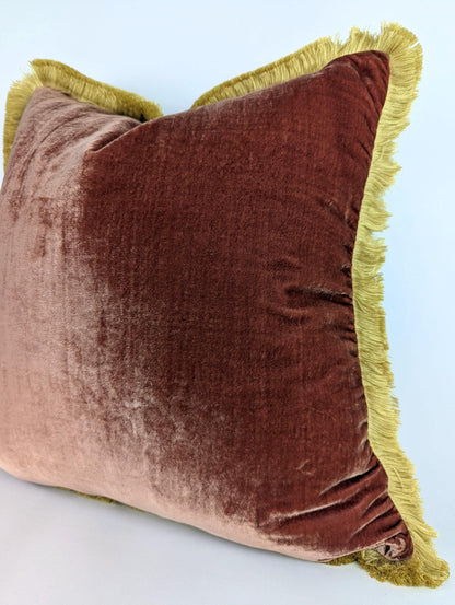 Terracotta Silk Velvet Pillow Covers - Brown and Gold Fringe Cushion - Maximalist Pillow