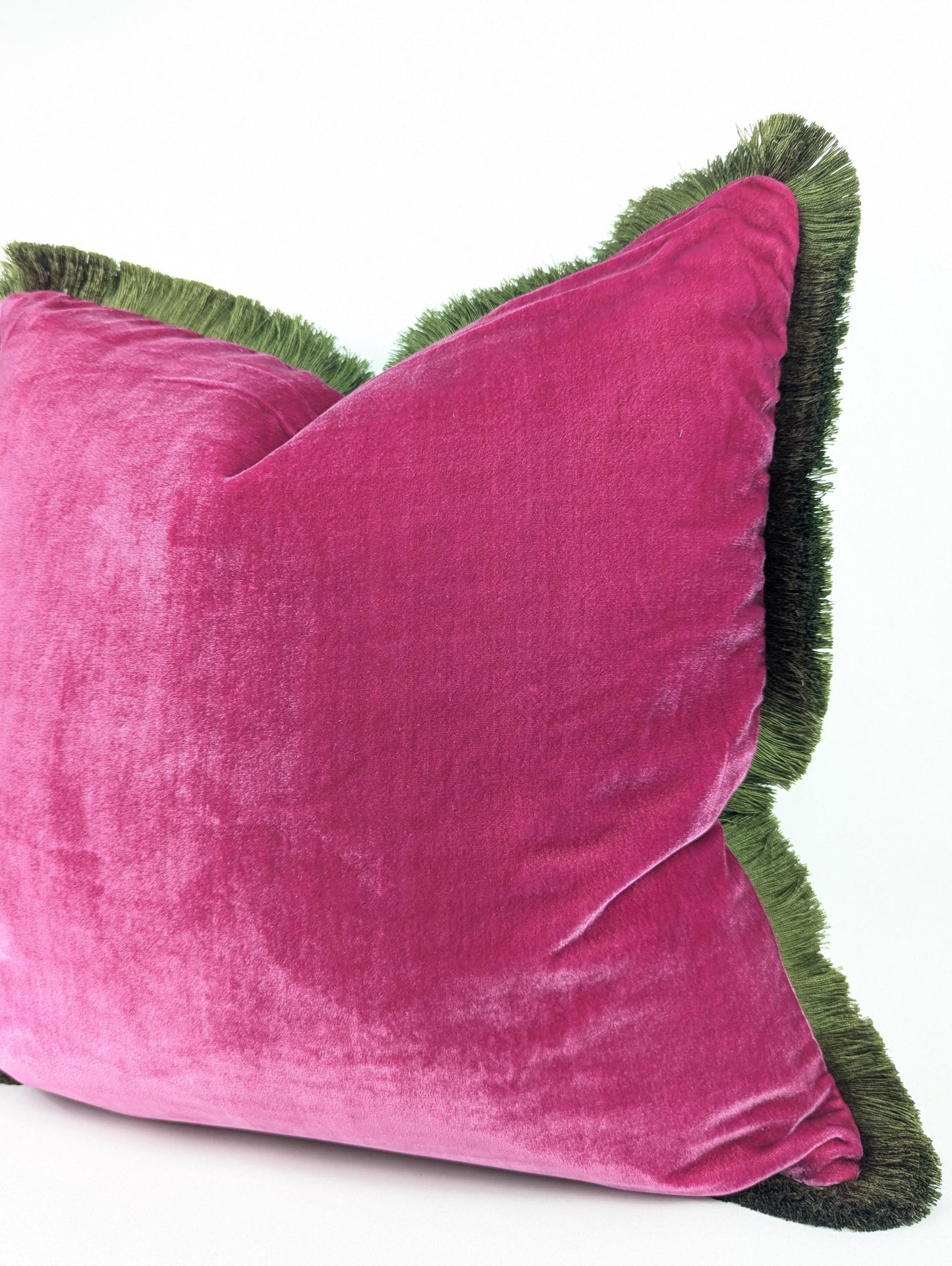 Velvet Throw Pillow, Silk Velvet Cushion, Cerise Pink with Moss Green Fringe Trim