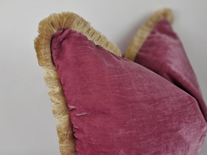Velvet Pillow Cover, Silk Velvet Cushion, Vintage Rose with Ivory Fringe Trim