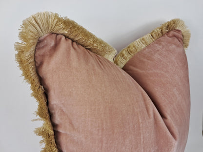 Velvet Pillow, Silk Velvet Cushion, Dusty Rose with Beige Fringe Trim