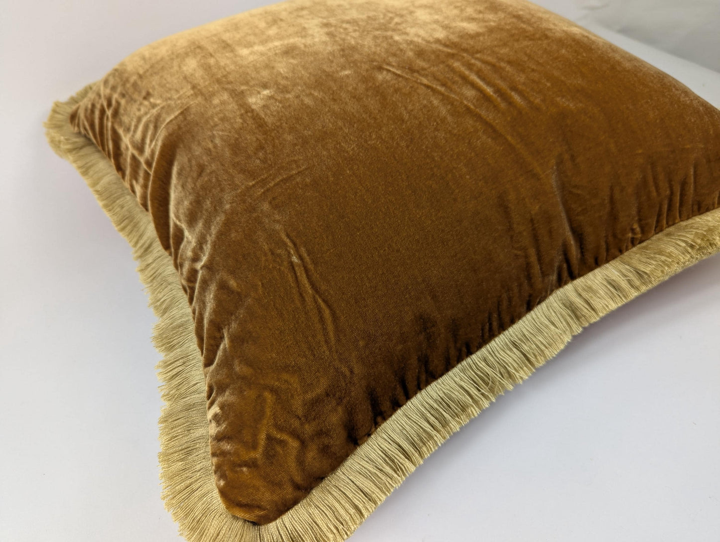 Caramel Silk Velvet Throw Pillow Cover with Fringe – Luxurious Living Room Cushion