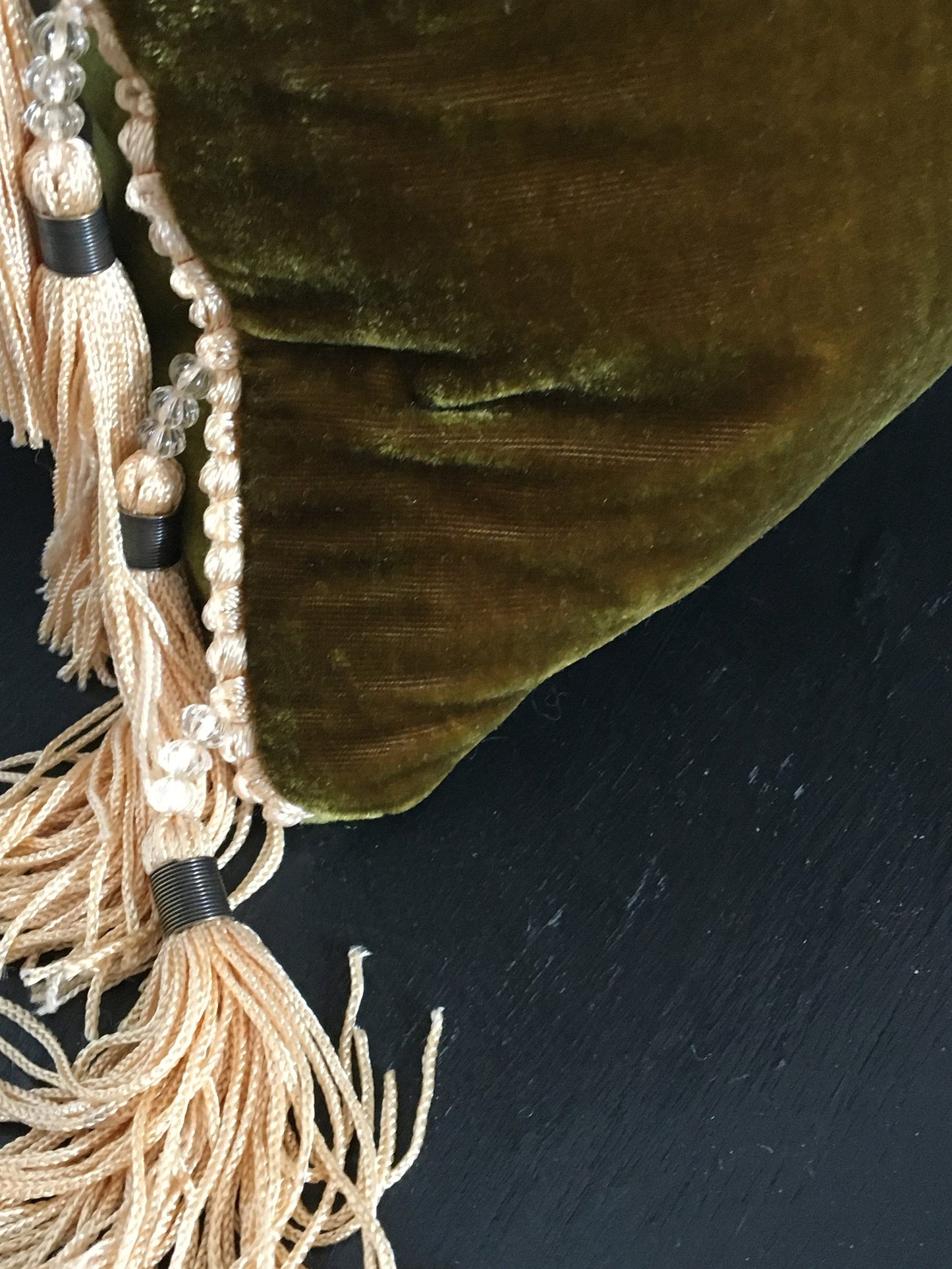 Green Velvet Pillow Cover, Green Tassel Cushion, Chartreuse with Gold Bead Tassels