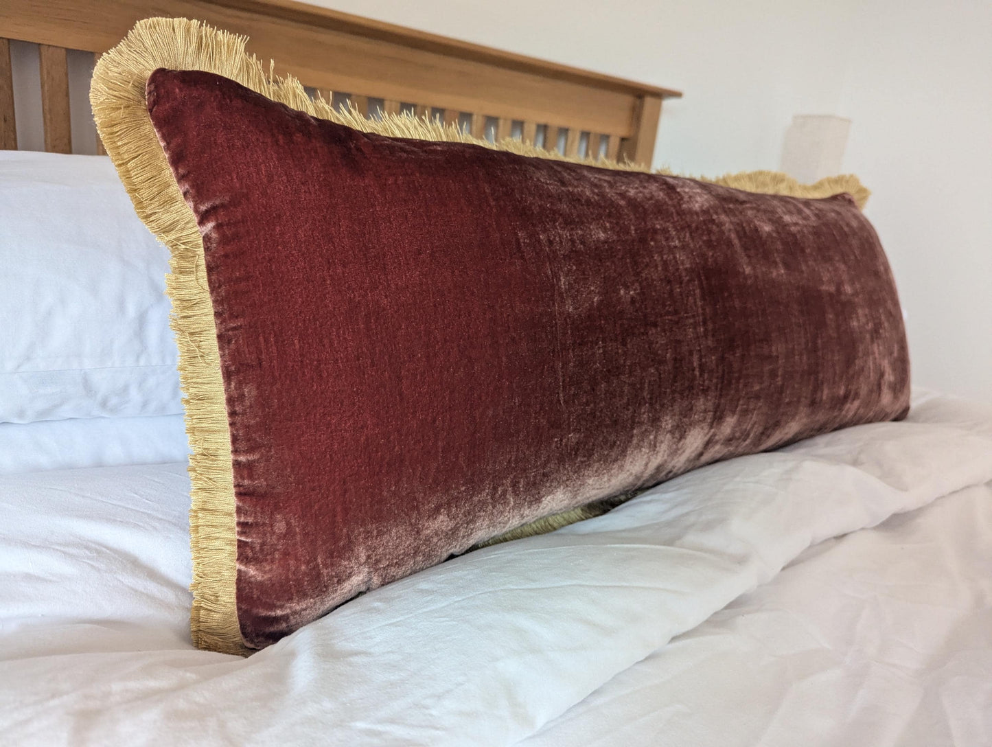 Long Lumbar - Terracotta Silk Velvet Throw Pillow Covers - Brown and Gold Fringe Cushion