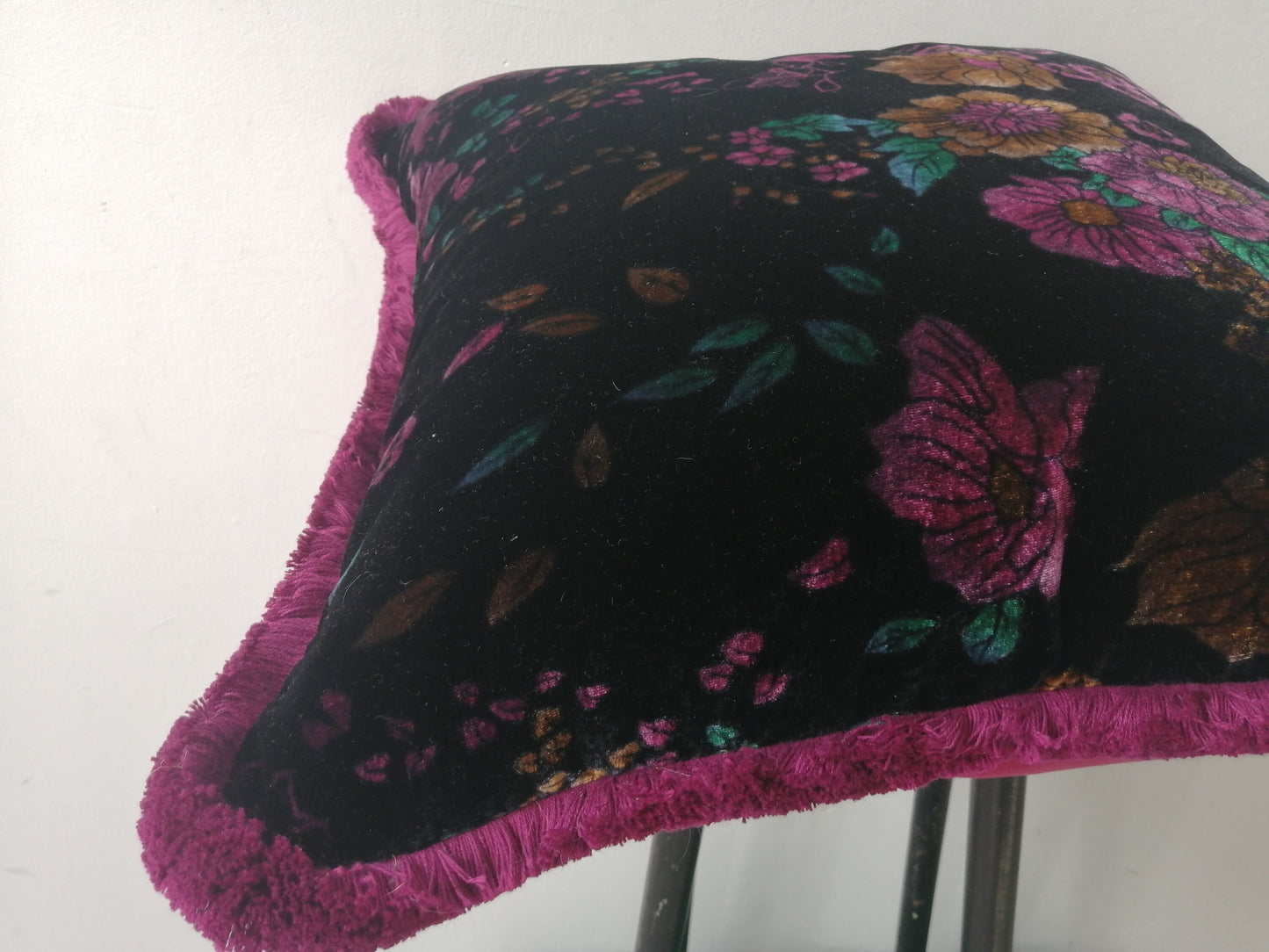Velvet Throw Pillow, Silk Velvet Cushion, Black Floral with Fuschia Fringe Trim