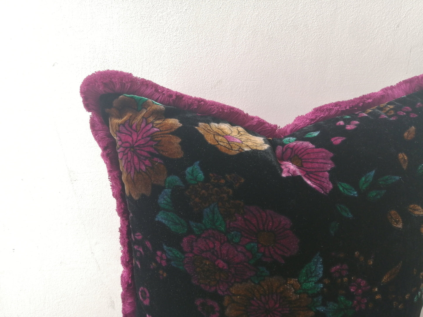 Velvet Throw Pillow, Silk Velvet Cushion, Black Floral with Fuschia Fringe Trim