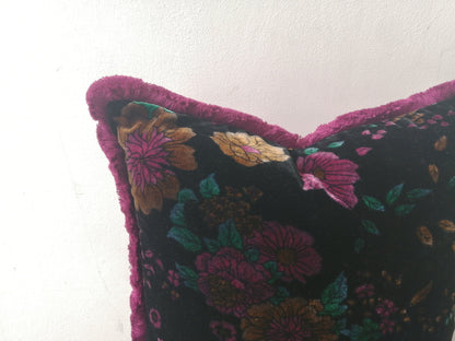 Velvet Throw Pillow, Silk Velvet Cushion, Black Floral with Fuschia Fringe Trim