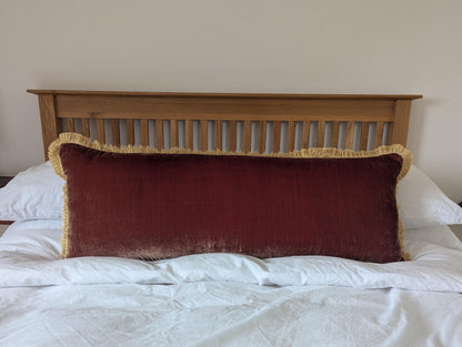 Long Lumbar - Terracotta Silk Velvet Throw Pillow Covers - Brown and Gold Fringe Cushion
