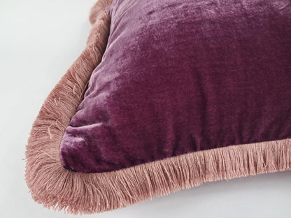 Purple Silk Velvet Pillow Covers - Purple with Dusty Pink Fringe Cushion