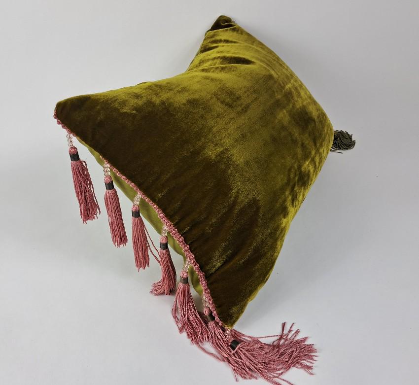 Chartreuse Silk Velvet Pillow Covers - Green and Gold Tassel Cushion - Maximalist Pillow