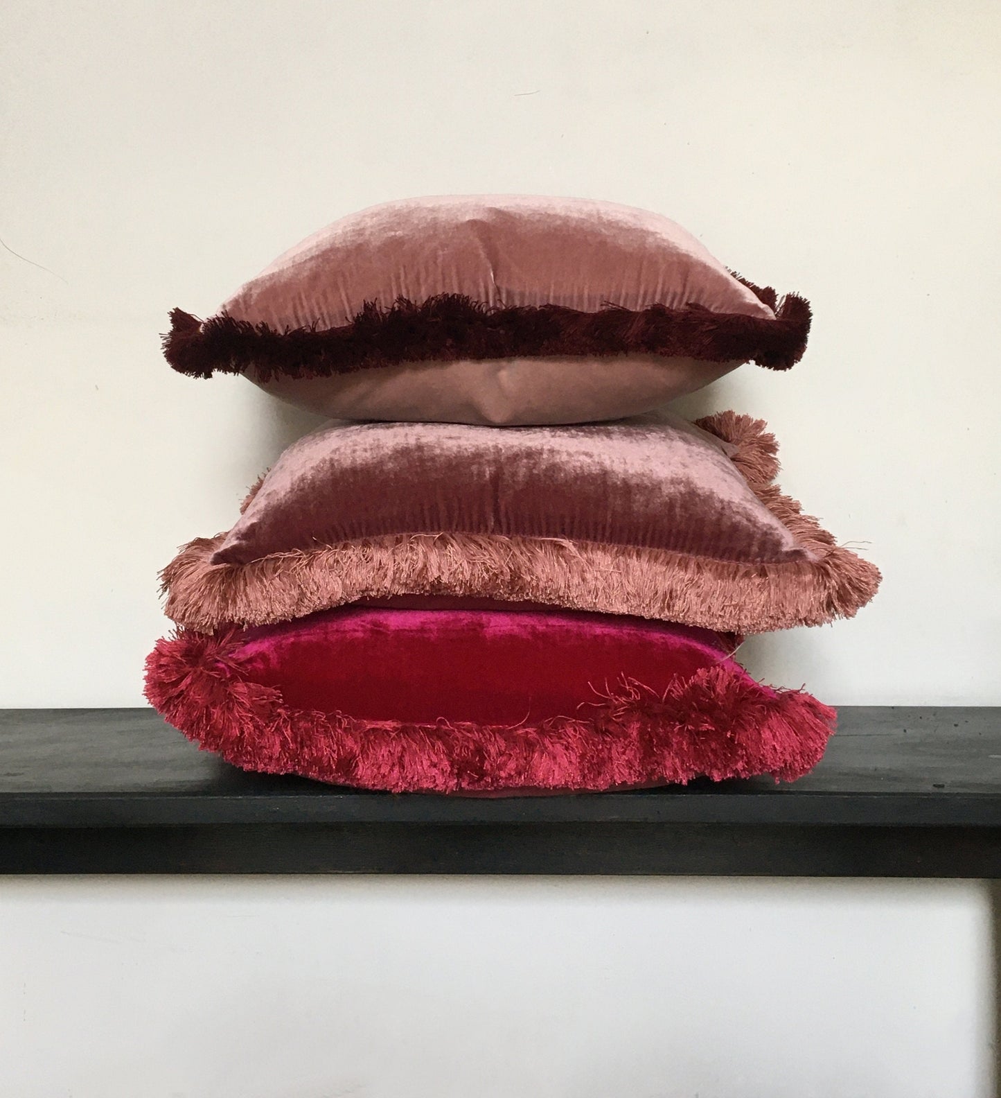 Velvet Throw Pillow, Silk Velvet Cushion, Dusty Rose with Dusty Pink Fringe Trim