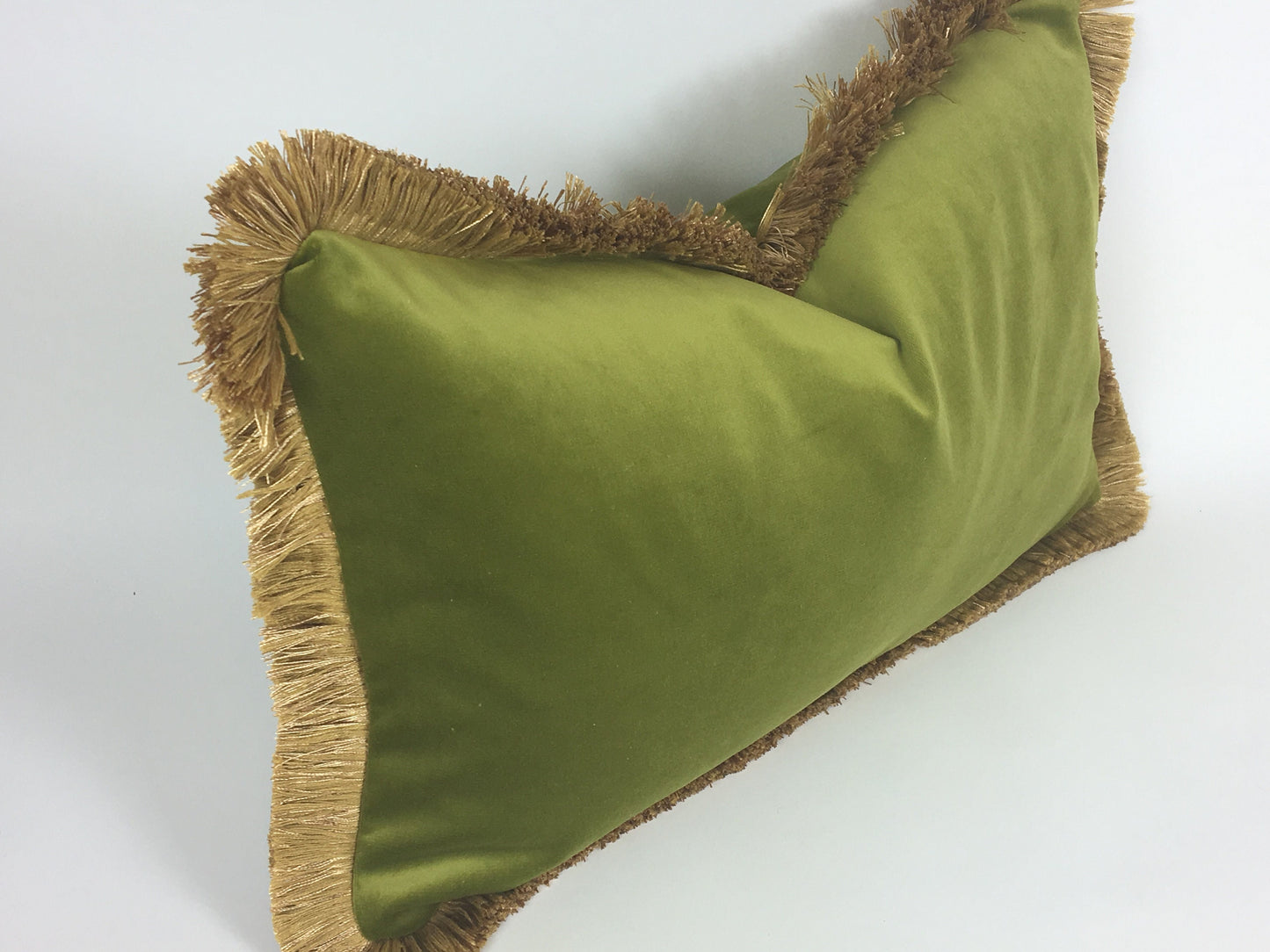 Velvet Throw Pillow Cover, Green Velvet Cushion, Olive Green with Gold Fringe