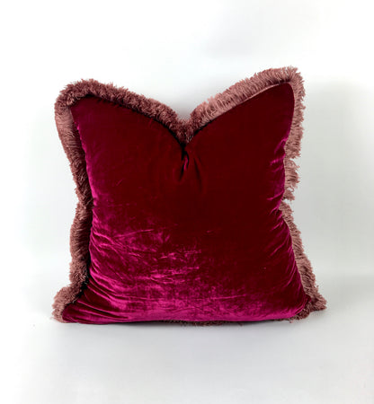 Silk Velvet Throw Pillow, Fuschia Pink Cushion with Dusty Pink Fringe