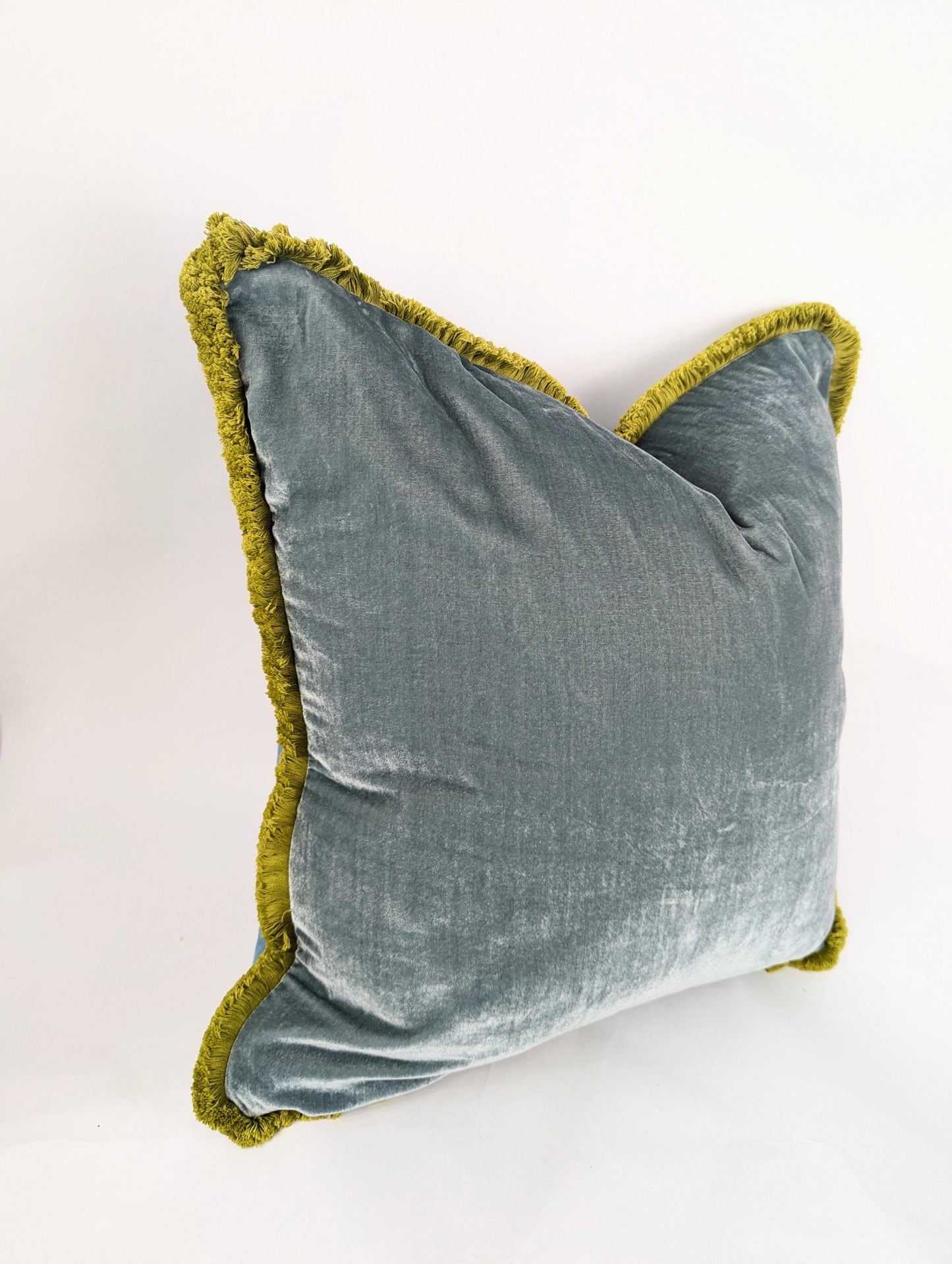 Velvet Pillow Cover, Velvet Cushion, Sea Blue with Chartreuse Fringe Trim