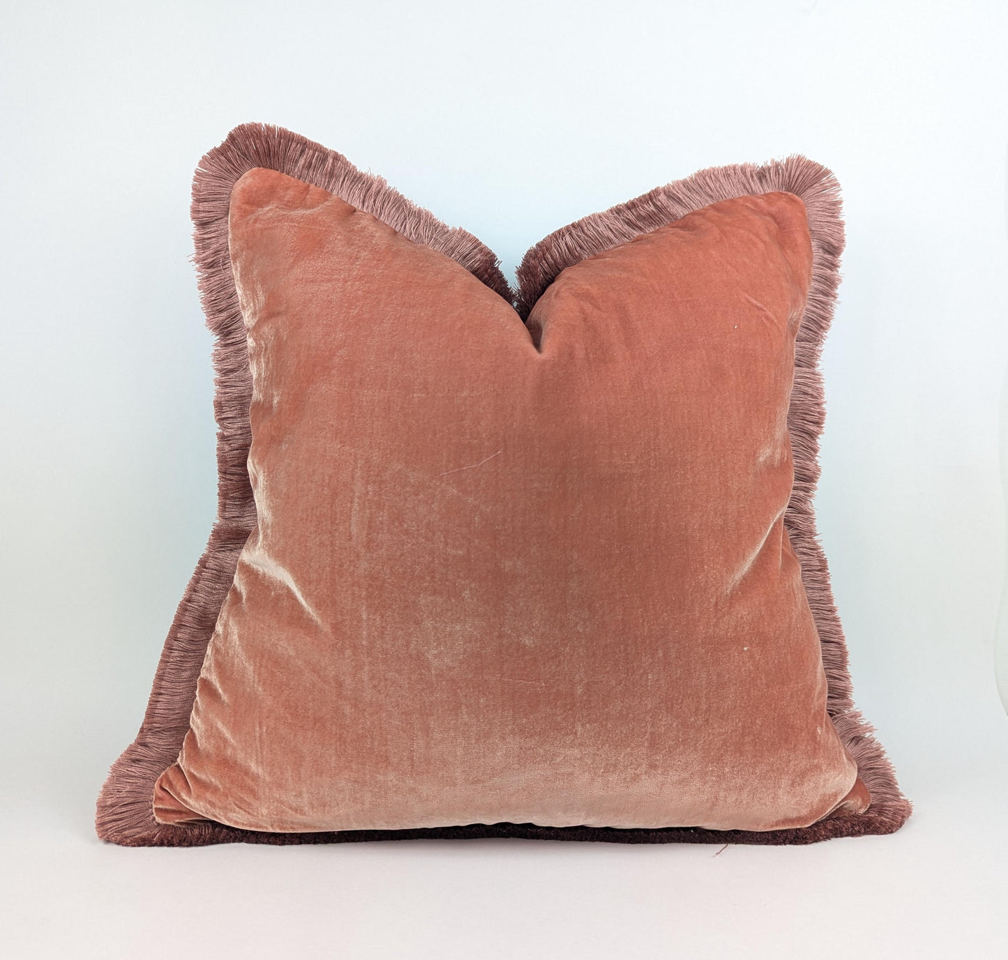 Velvet Throw Pillow Covers, Velvet Cushion, Coral with Fringe Trim