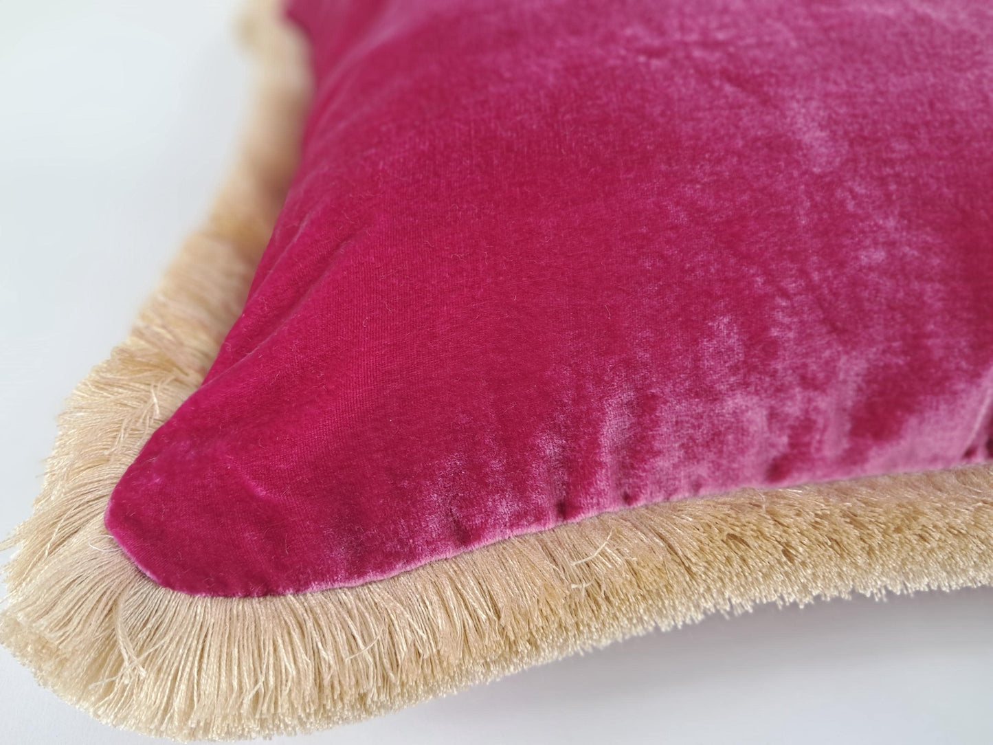 Cerise Silk Velvet Throw Pillows - Pink Fringe Cushion - Pink Home Decor