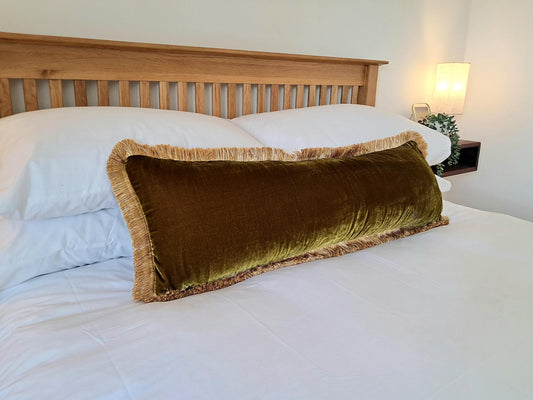 Long Lumbar Pillow, Long Lumbar Velvet Cushion, Chartreuse Green with Gold Fringe Trim