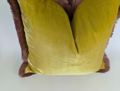 velvet Throw Pillow, Silk Velvet Cushion, Spring Yellow with Dusty Pink Fringe Trim