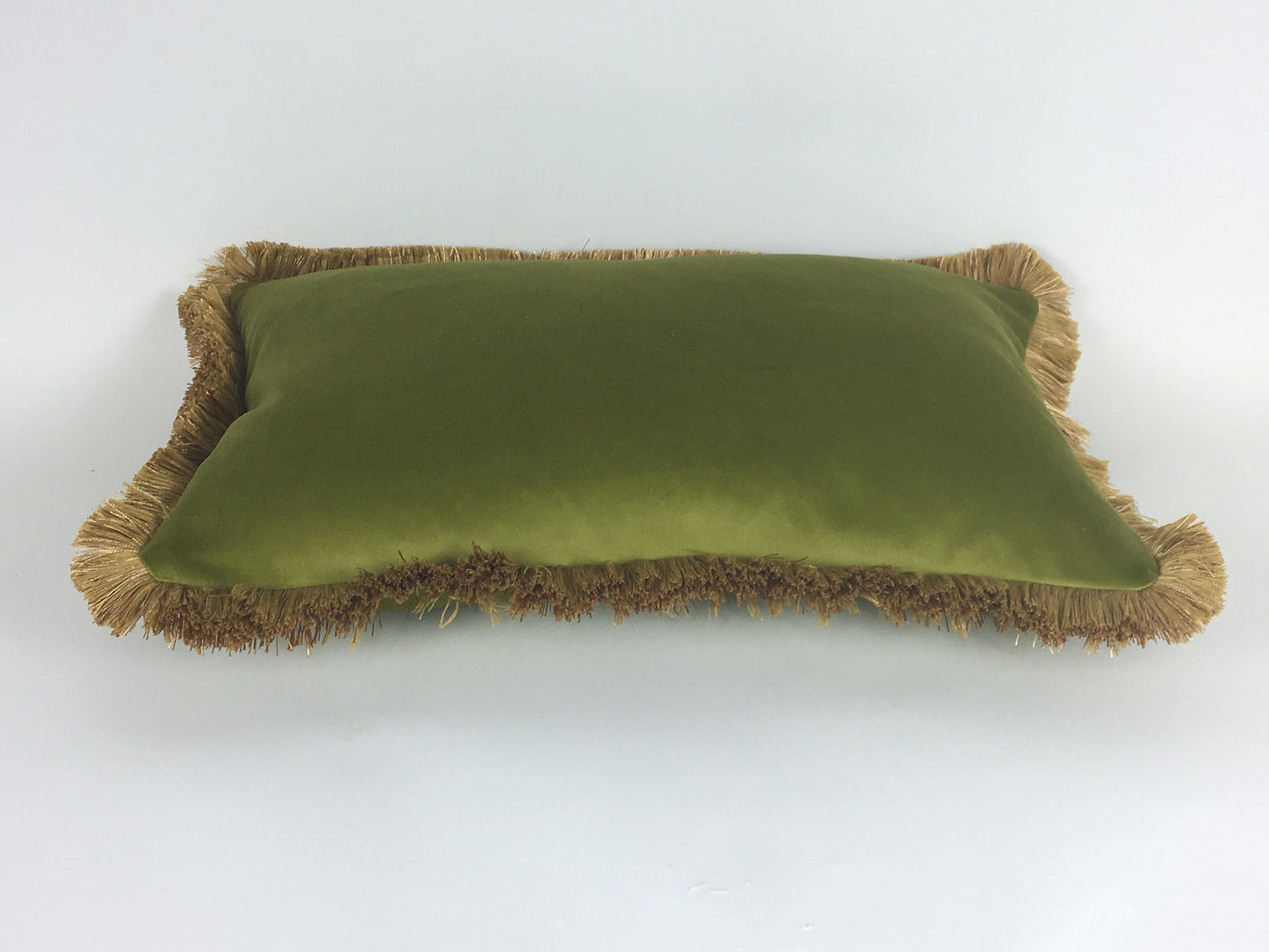 Velvet Throw Pillow Cover, Green Velvet Cushion, Olive Green with Gold Fringe