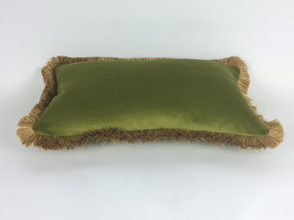 Velvet Throw Pillow Cover, Green Velvet Cushion, Olive Green with Gold Fringe