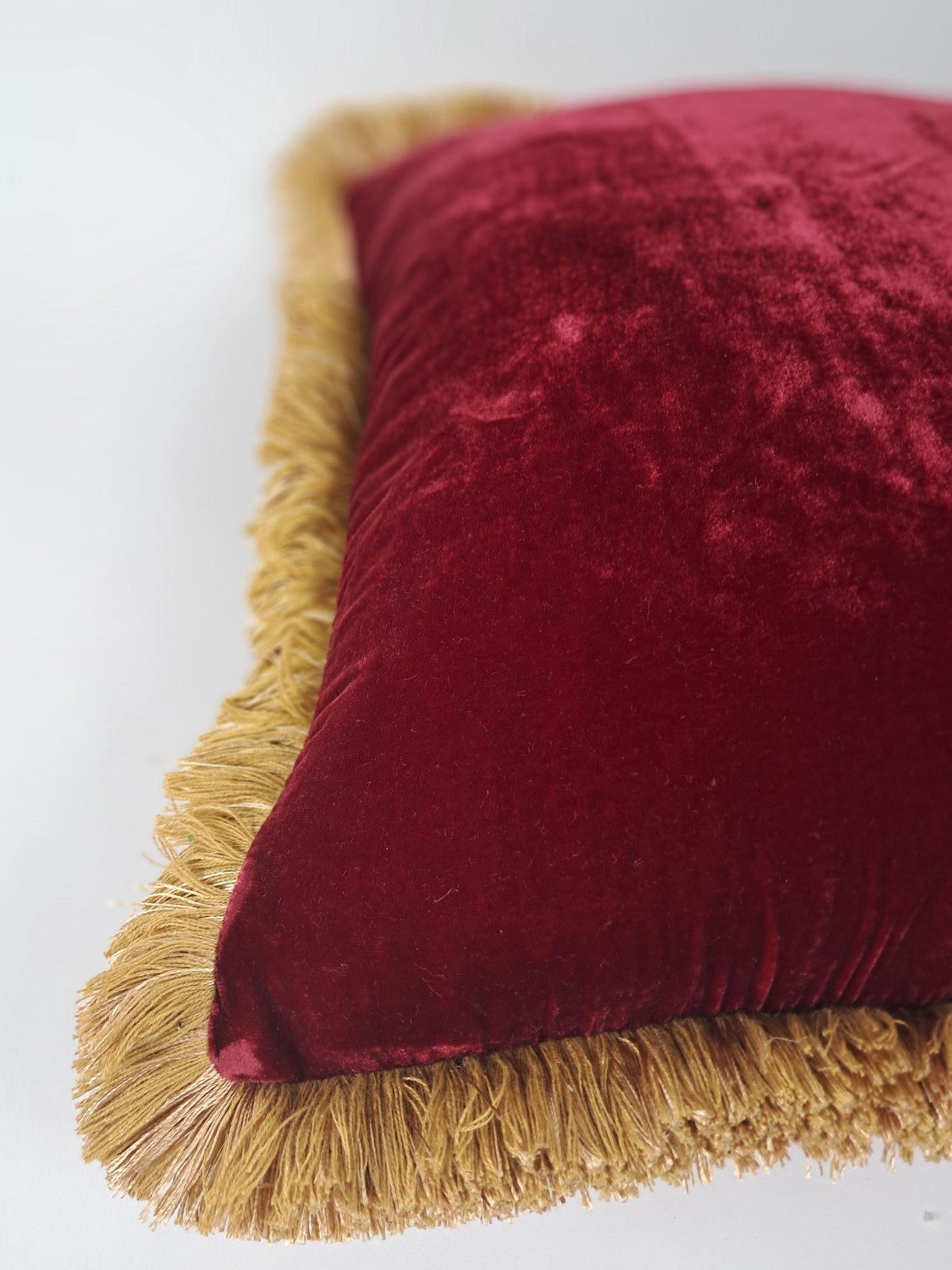 Velvet Pillow Cover, Silk Velvet Cushion, Redcurrant with Gold Fringe Trim