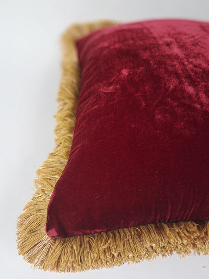 Velvet Pillow Cover, Silk Velvet Cushion, Redcurrant with Gold Fringe Trim