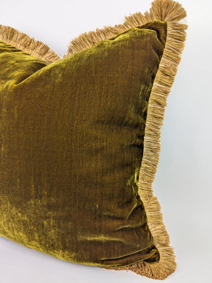 Long Lumbar - Chartreuse Silk Velvet Throw Pillow covers - Green and Gold Fringe Cushion