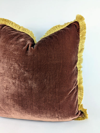 Brown silk velvet with gold fringe trim