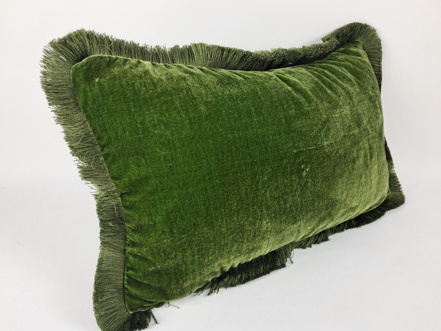 Moss Green Silk Velvet Fringe Pillow Cover, Luxurious Throw Cushion