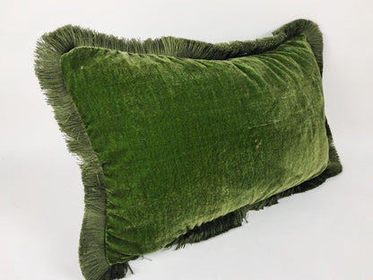 Moss Green Silk Velvet Fringe Pillow Cover, Luxurious Throw Cushion