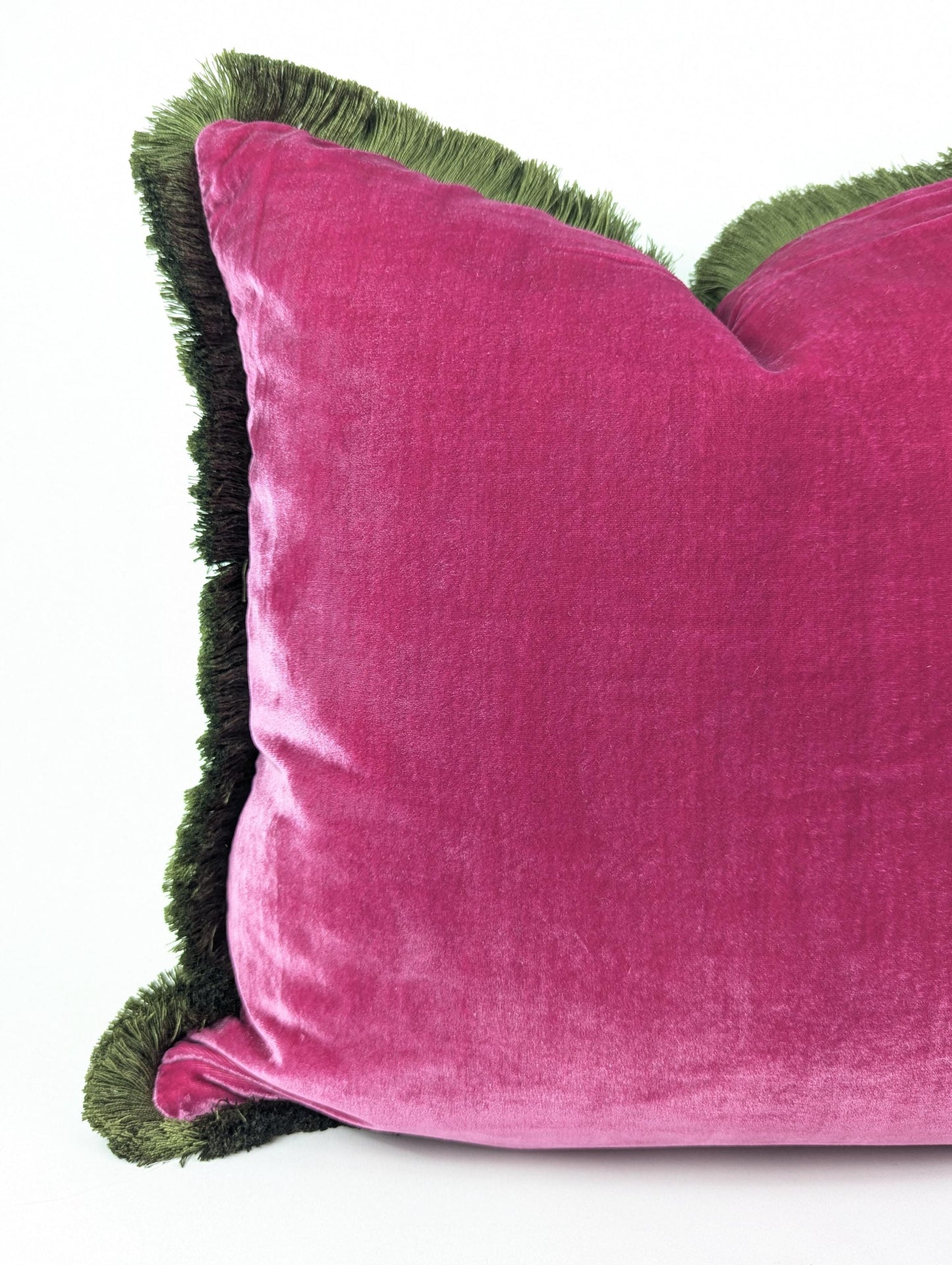 Velvet Throw Pillow, Silk Velvet Cushion, Cerise Pink with Moss Green Fringe Trim