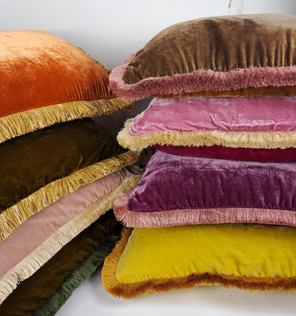 Silk Velvet Pillow Cover, Chartreuse Moss Fringe Trim, Jewel Tone Throw Cushion