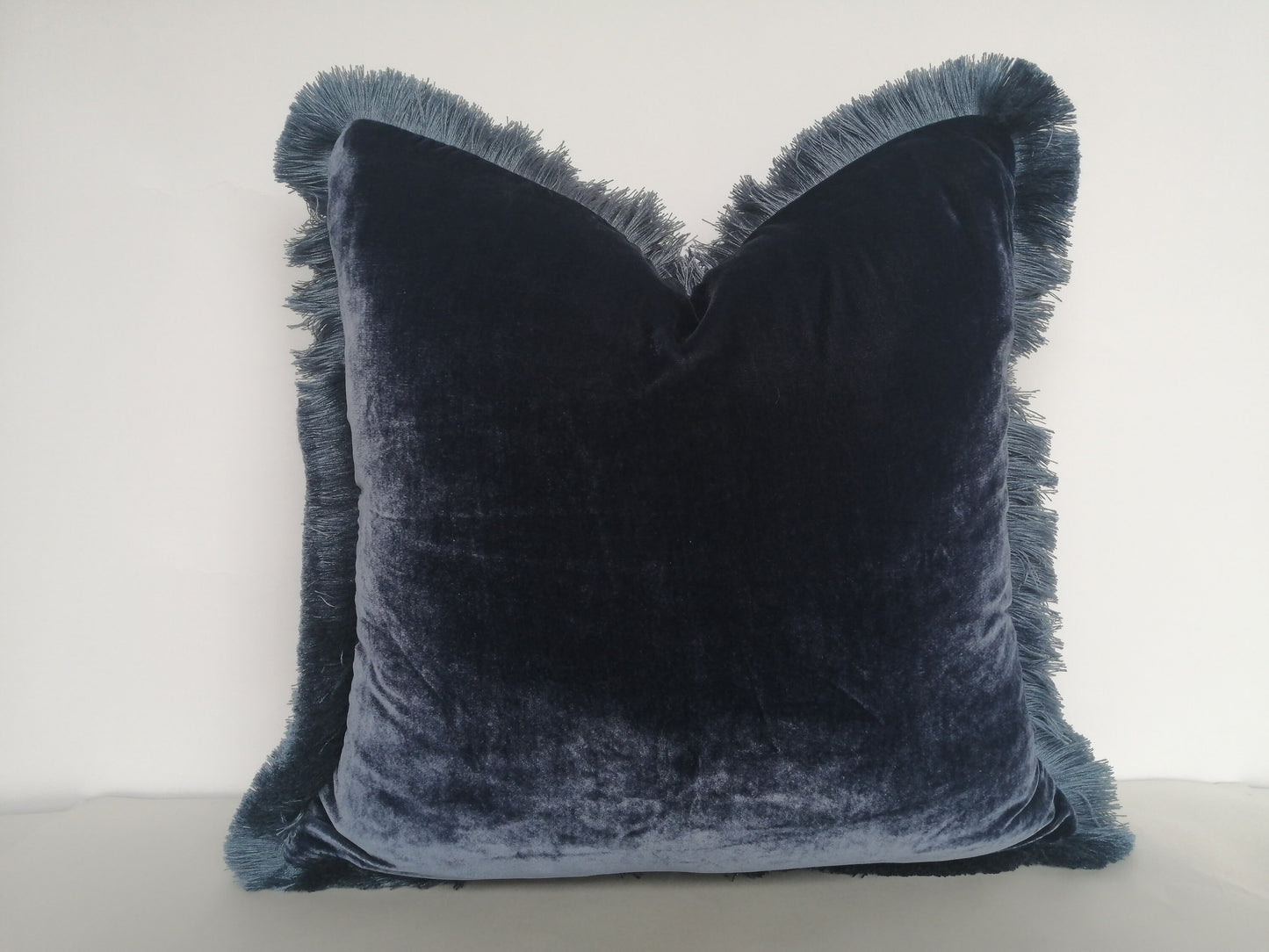 Navy Silk Velvet Pillow Cover, Dusty Blue Fringe Cushion, Living Room Accent