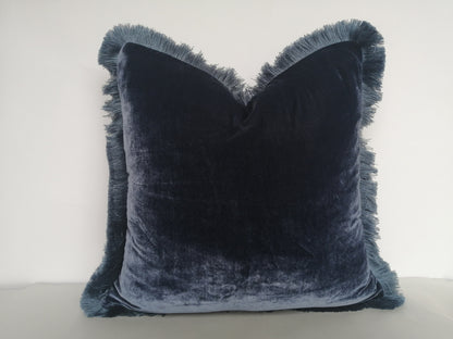 Navy Silk Velvet Pillow Cover, Dusty Blue Fringe Cushion, Living Room Accent