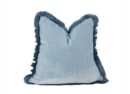 Blue Silk Velvet Pillow Cover, Dusty Blue Fringe Trim Cushion