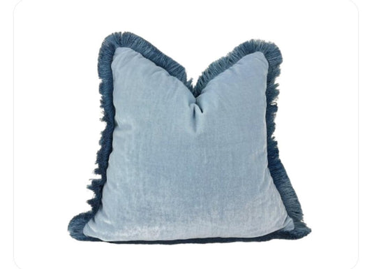 Blue Silk Velvet Pillow Cover, Dusty Blue Fringe Trim Cushion